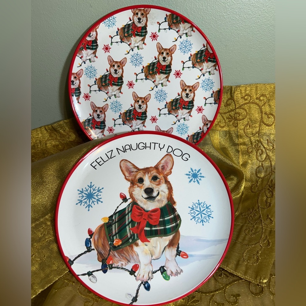 Corgi Dog Feliz Naughty Dog Holiday Melamine Desert Cookie Appetizer Plates SET
